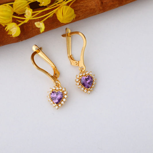 Amethyst Heart Dangle Earring by Real Diamonds in 14K Solid Gold, February Birthstone Jewelry