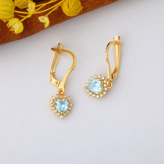 Aquamarine Heart Dangle Earring by Real Diamonds in 14K Solid Gold, March Birthstone Jewelry