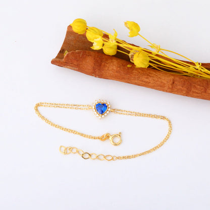 Sapphire Heart Bracelet by 16 Real Diamonds in 14K Solid Gold, September Birthstone Jewelry