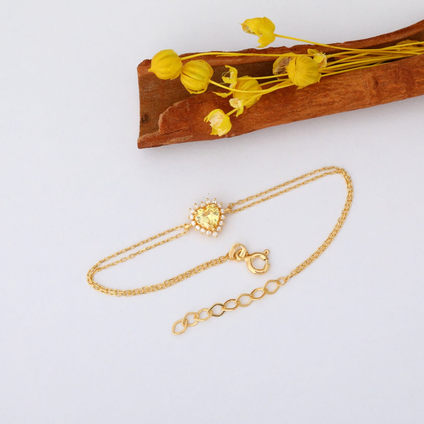 Yellow Topaz Heart Bracelet by 16 Real Diamonds in 14K Solid Gold, Birthstone Jewelry