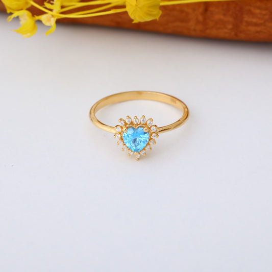 Blue Topaz Heart Ring by 16 Real Diamonds in 14K Solid Gold, December Birthstone Jewelry