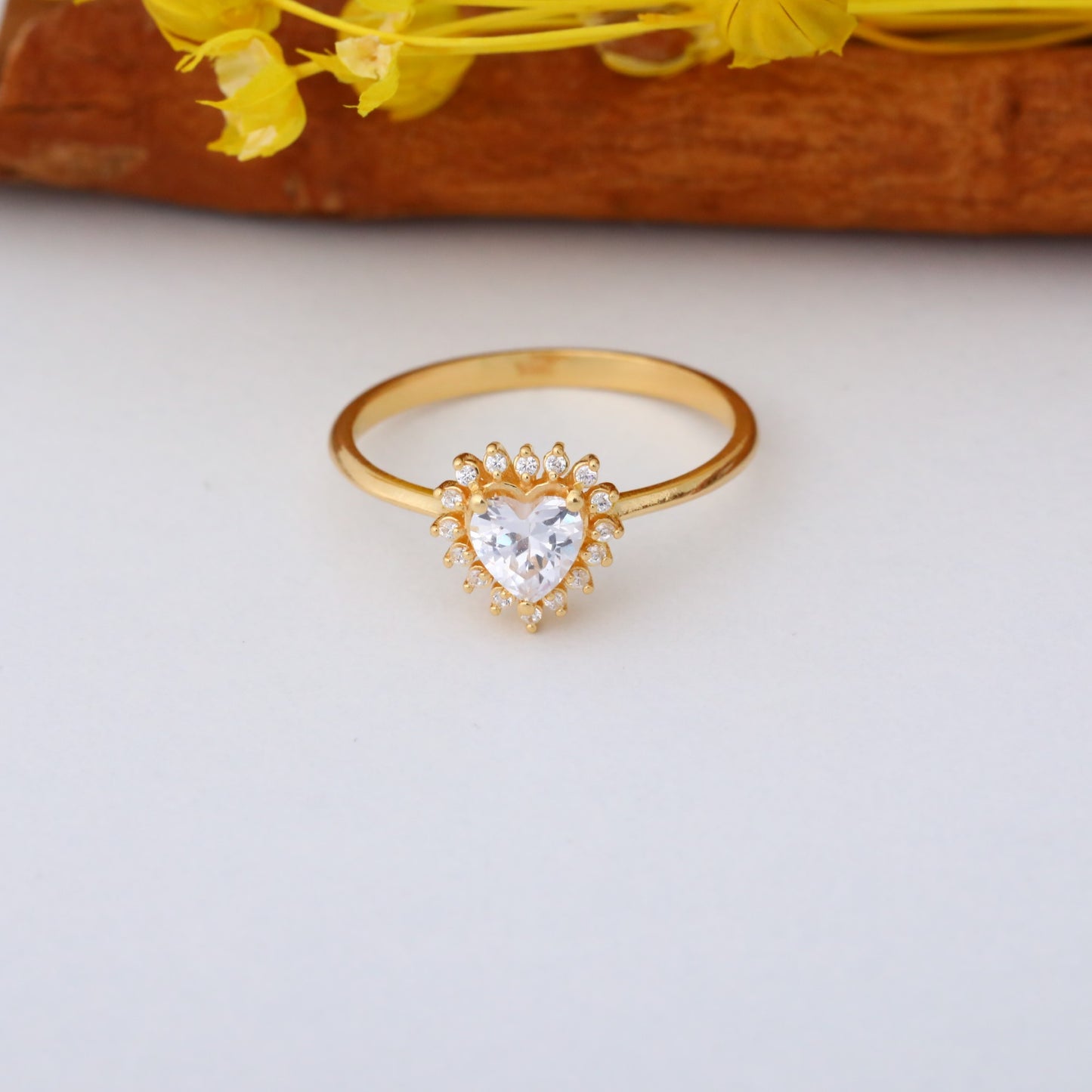 White Topaz Heart Ring by 16 Real Diamonds in 14K Solid Gold, April Birthstone Jewelry