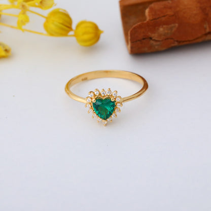 Emerald Heart Ring by 16 Real Diamonds in 14K Solid Gold, May Birthstone Jewelry