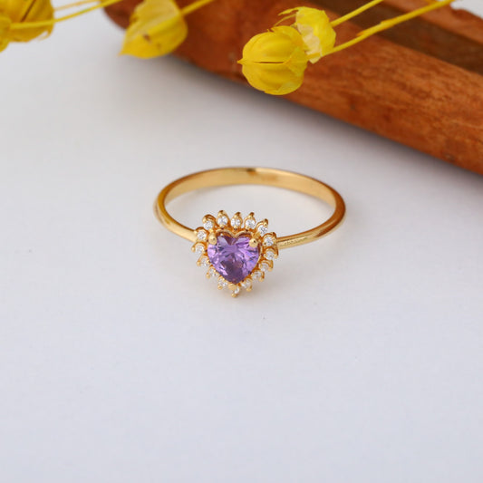 Amethyst Heart Ring by 16 Real Diamonds in 14K Solid Gold, February Birthstone Jewelry