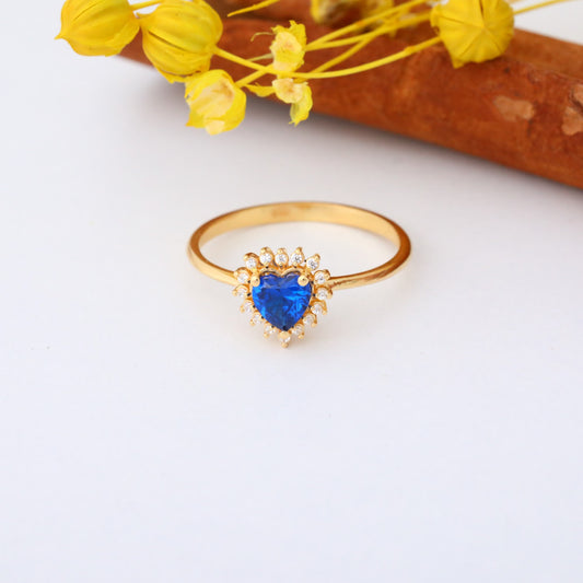 Sapphire Heart Ring by 16 Real Diamonds in 14K Solid Gold, September Birthstone Jewelry