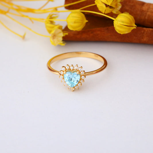 Aquamarine Heart Ring by 16 Real Diamonds in 14K Solid Gold, March Birthstone Jewelry