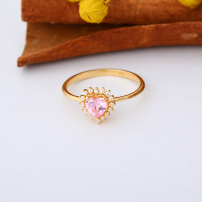 Pink Tourmaline Heart Ring by 16 Real Diamonds in 14K Solid Gold, October Birthstone Jewelry