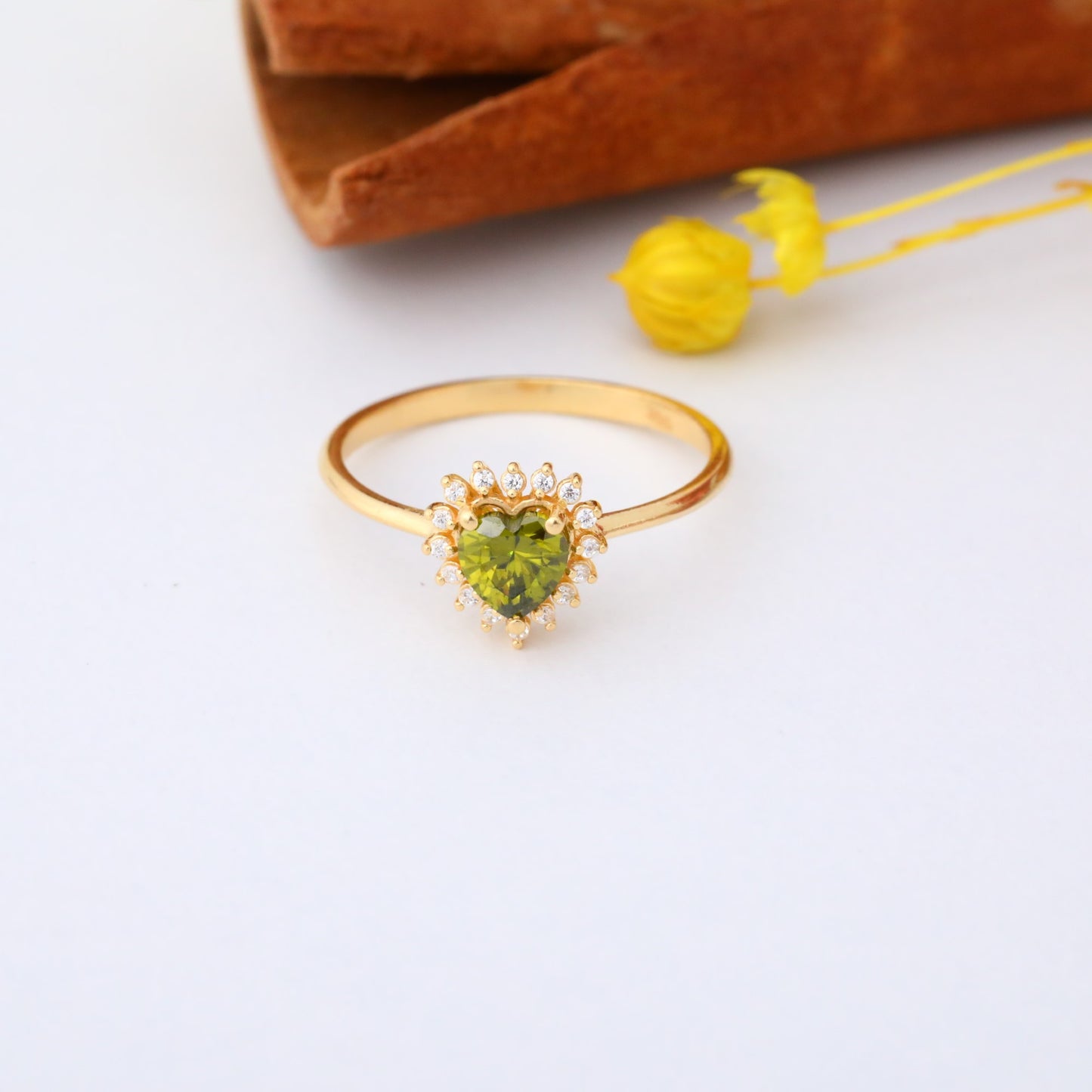 Peridot Heart Ring by 16 Real Diamonds in 14K Solid Gold, August Birthstone Jewelry