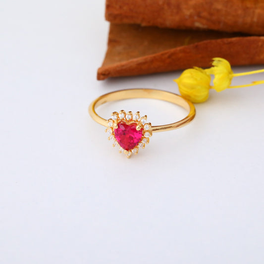 Ruby Heart Ring by 16 Real Diamonds in 14K Solid Gold, July Birthstone Jewelry