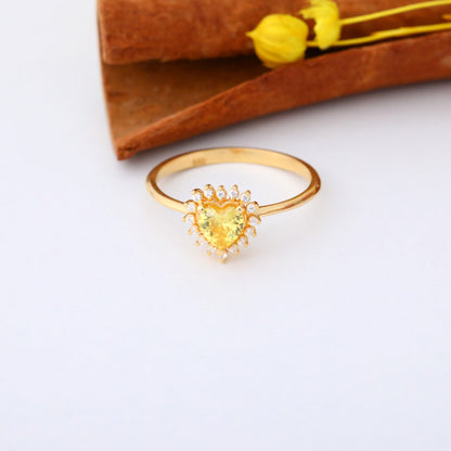 Yellow Topaz Heart Ring by 16 Real Diamonds in 14K Solid Gold, Birthstone Jewelry