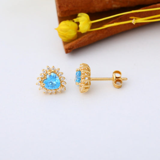 Blue Topaz Heart Shaped Stud Earring in 14K Solid Gold surrounded by Real Diamonds, December Birthstone Jewelry