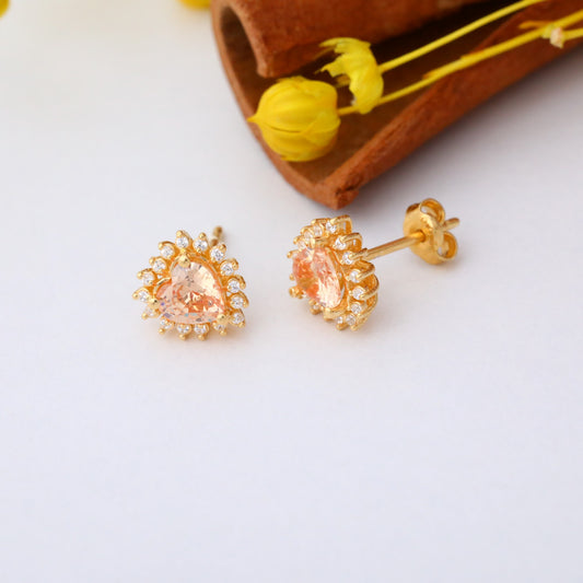 Citrine Heart Shaped Stud Earring in 14K Solid Gold surrounded by Real Diamonds, November Birthstone Jewelry