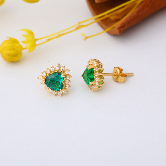 Emerald Heart Shaped Stud Earring in 14K Solid Gold surrounded by Real Diamonds, May Birthstone Jewelry