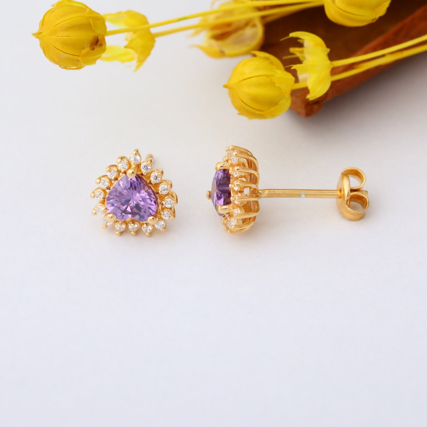 Amethyst Heart Shaped Stud Earring in 14K Solid Gold surrounded by Real Diamonds, February Birthstone Jewelry