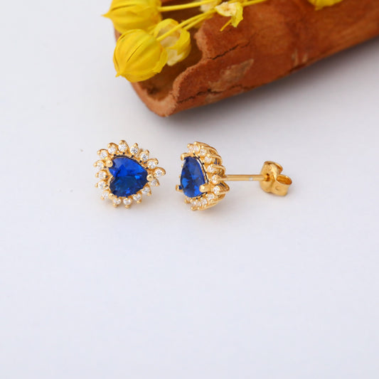 Sapphire Heart Shaped Stud Earring in 14K Solid Gold surrounded by Real Diamonds, September Birthstone Jewelry