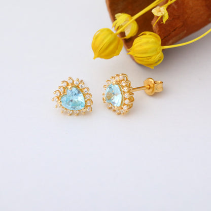 Aquamarine Heart Shaped Stud Earring in 14K Solid Gold surrounded by Real Diamonds, March Birthstone Jewelry