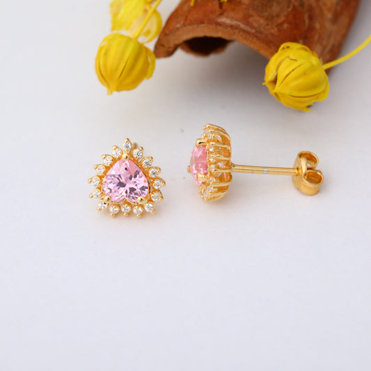 Pink Tourmaline Heart Shaped Stud Earring in 14K Solid Gold surrounded by Real Diamonds, October Birthstone Jewelry