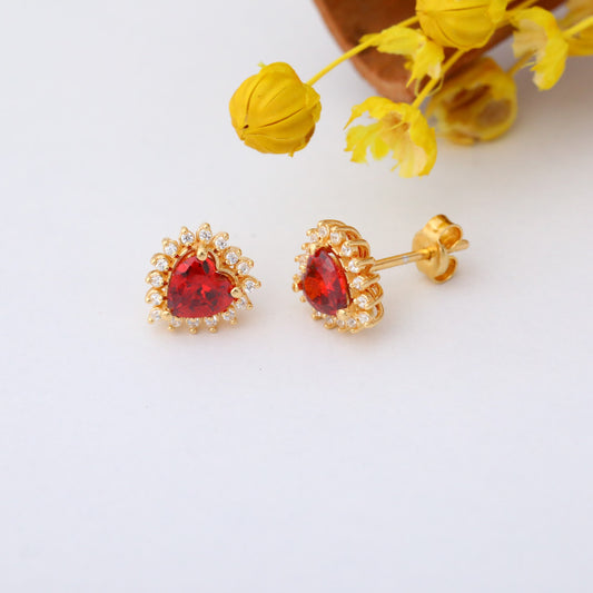 Garnet Heart Shaped Stud Earring in 14K Solid Gold surrounded by Real Diamonds, January Birthstone Jewelry