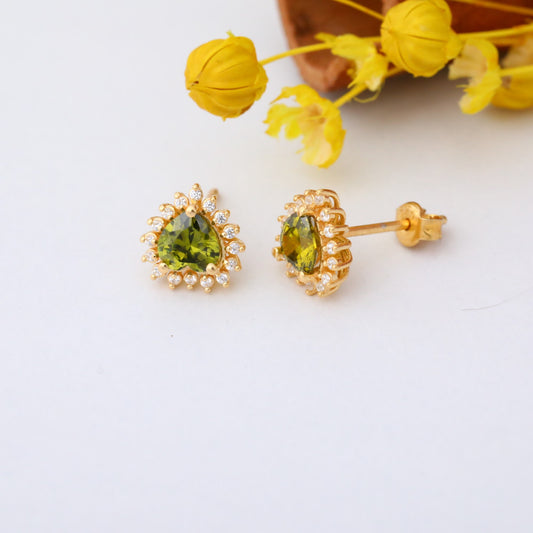 Peridot Heart Shaped Stud Earring in 14K Solid Gold surrounded by Real Diamonds, August Birthstone Jewelry