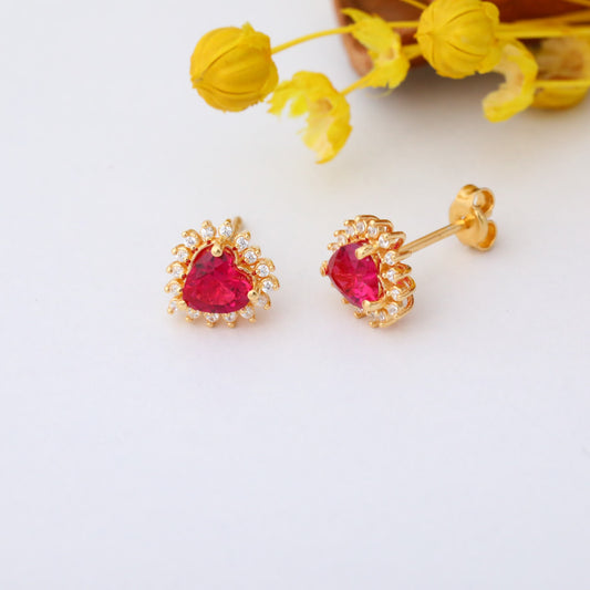 Ruby Heart Shaped Stud Earring in 14K Solid Gold surrounded by Real Diamonds, July Birthstone Jewelry