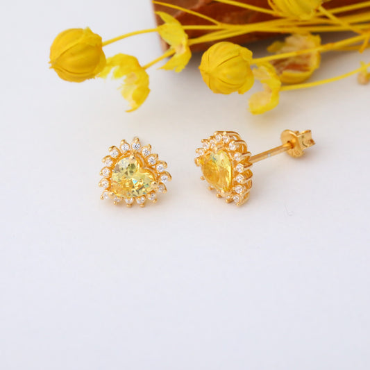 Yellow Topaz Heart Shaped Stud Earring in 14K Solid Gold surrounded by Real Diamonds, Birthstone Jewelry