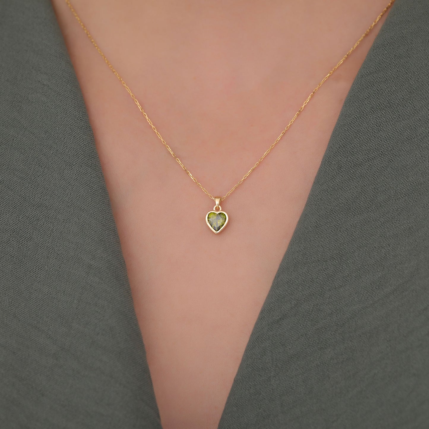 Heart Peridot Bezel Necklace in 14K Solid Gold, August Birthstone Charm Pendant