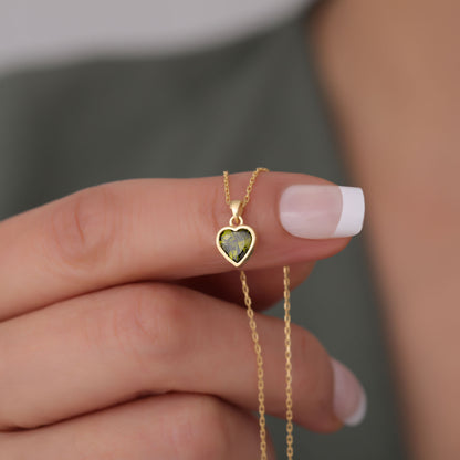 Heart Peridot Bezel Necklace in 14K Solid Gold, August Birthstone Charm Pendant