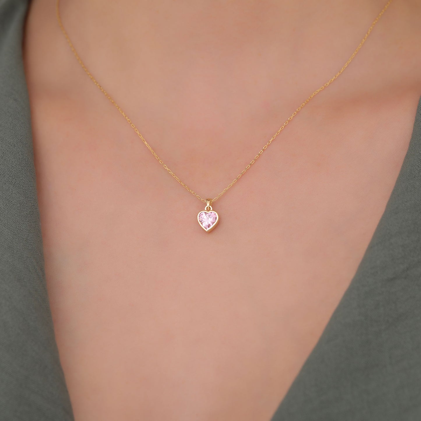 Heart Pink Tourmaline Bezel Necklace in 14K Solid Gold, October Birthstone Charm Pendant