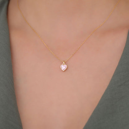 Heart Pink Tourmaline Bezel Necklace in 14K Solid Gold, October Birthstone Charm Pendant