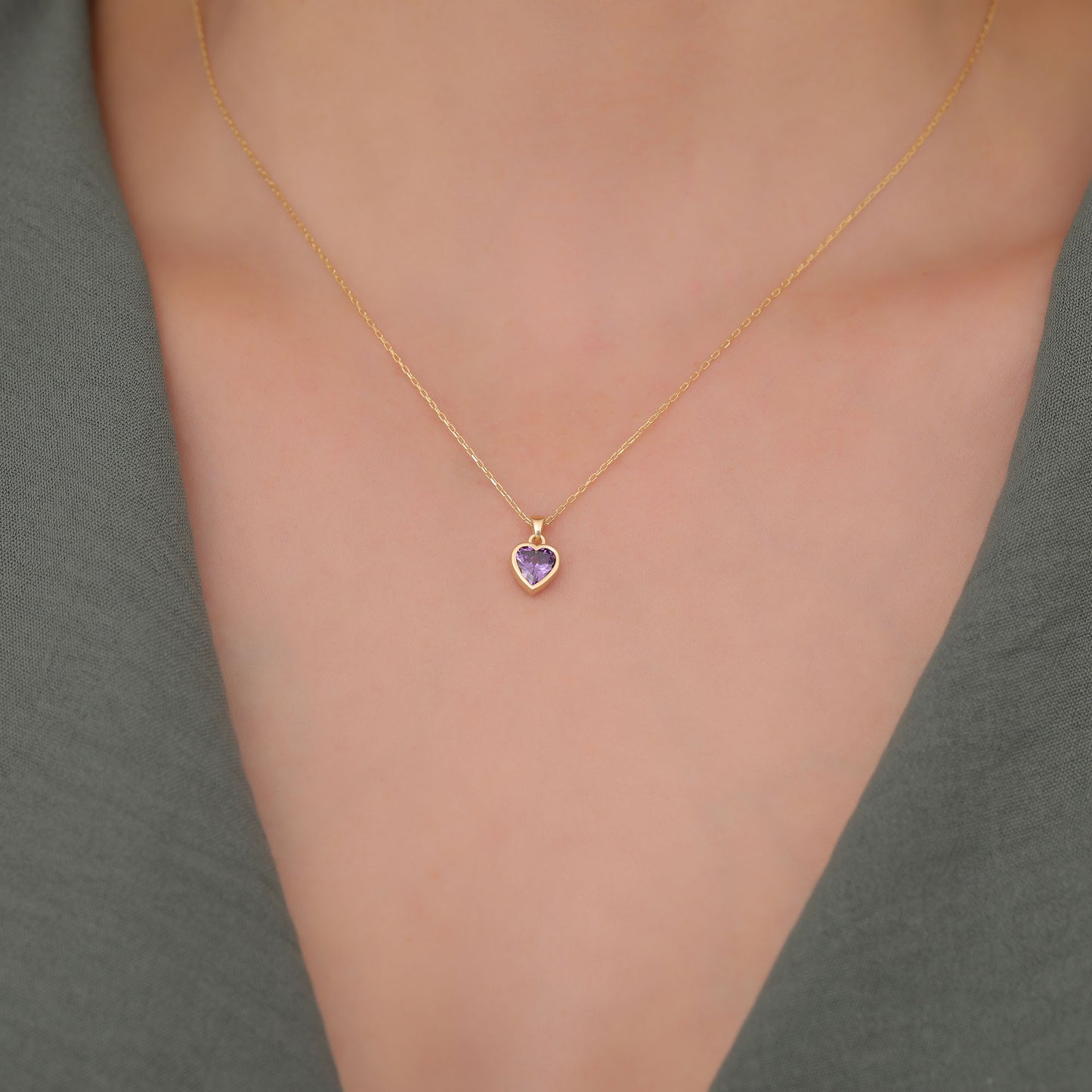 Heart Amethyst Bezel Necklace in 14K Solid Gold, February Birthstone Charm Pendant