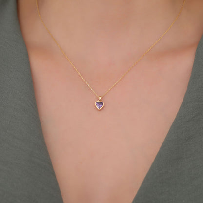 Heart Amethyst Bezel Necklace in 14K Solid Gold, February Birthstone Charm Pendant