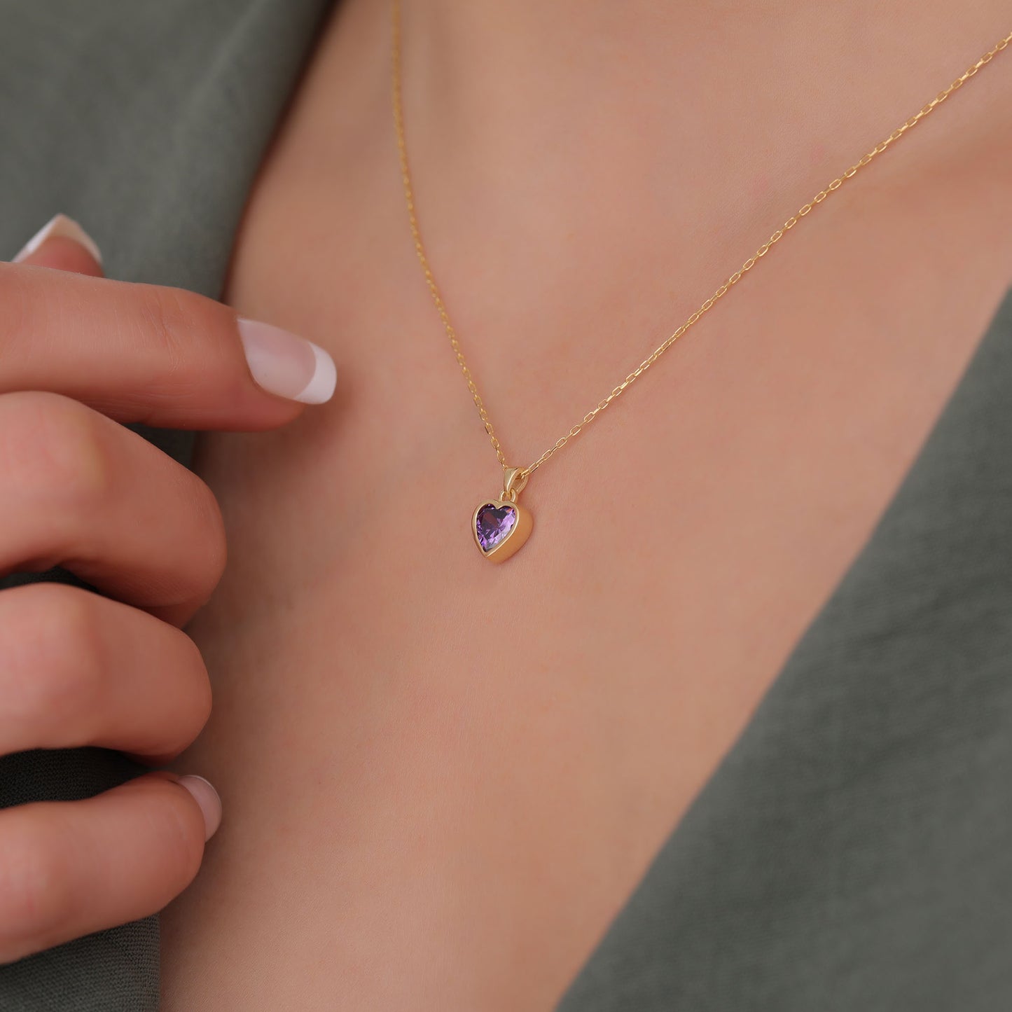 Heart Amethyst Bezel Necklace in 14K Solid Gold, February Birthstone Charm Pendant