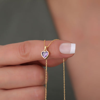 Heart Amethyst Bezel Necklace in 14K Solid Gold, February Birthstone Charm Pendant