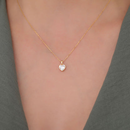 Heart White Topaz Bezel Necklace in 14K Solid Gold, April Birthstone Charm Pendant