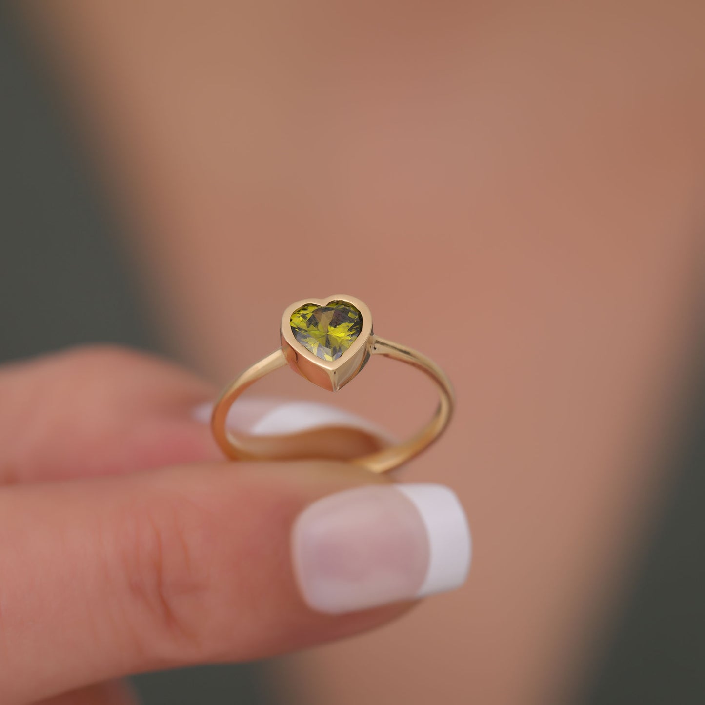 Heart Peridot Bezel Ring in 14K Solid Gold, August Birthstone Jewelry