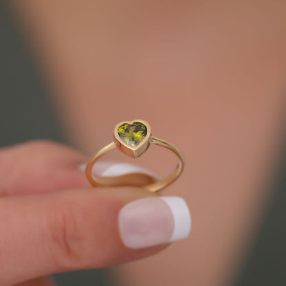 Heart Peridot Bezel Ring in 14K Solid Gold, August Birthstone Jewelry