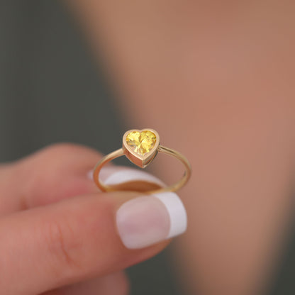 Heart Yellow Topaz Bezel Ring in 14K Solid Gold, Birthstone Jewelry