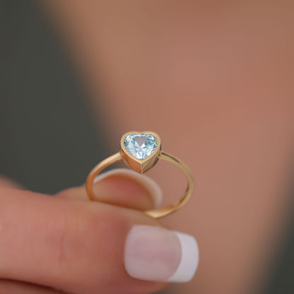 Heart Aquamarine Bezel Ring in 14K Solid Gold, March Birthstone Jewelry