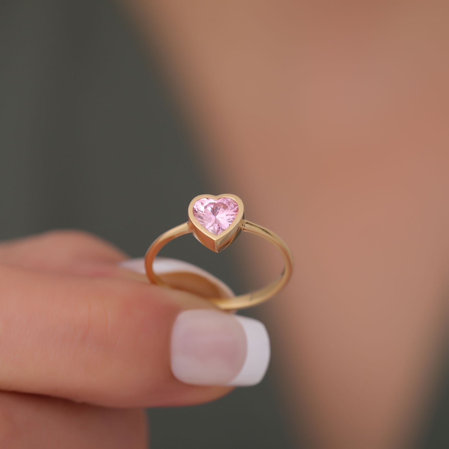 Heart Pink Tourmaline Bezel Ring in 14K Solid Gold, October Birthstone Jewelry