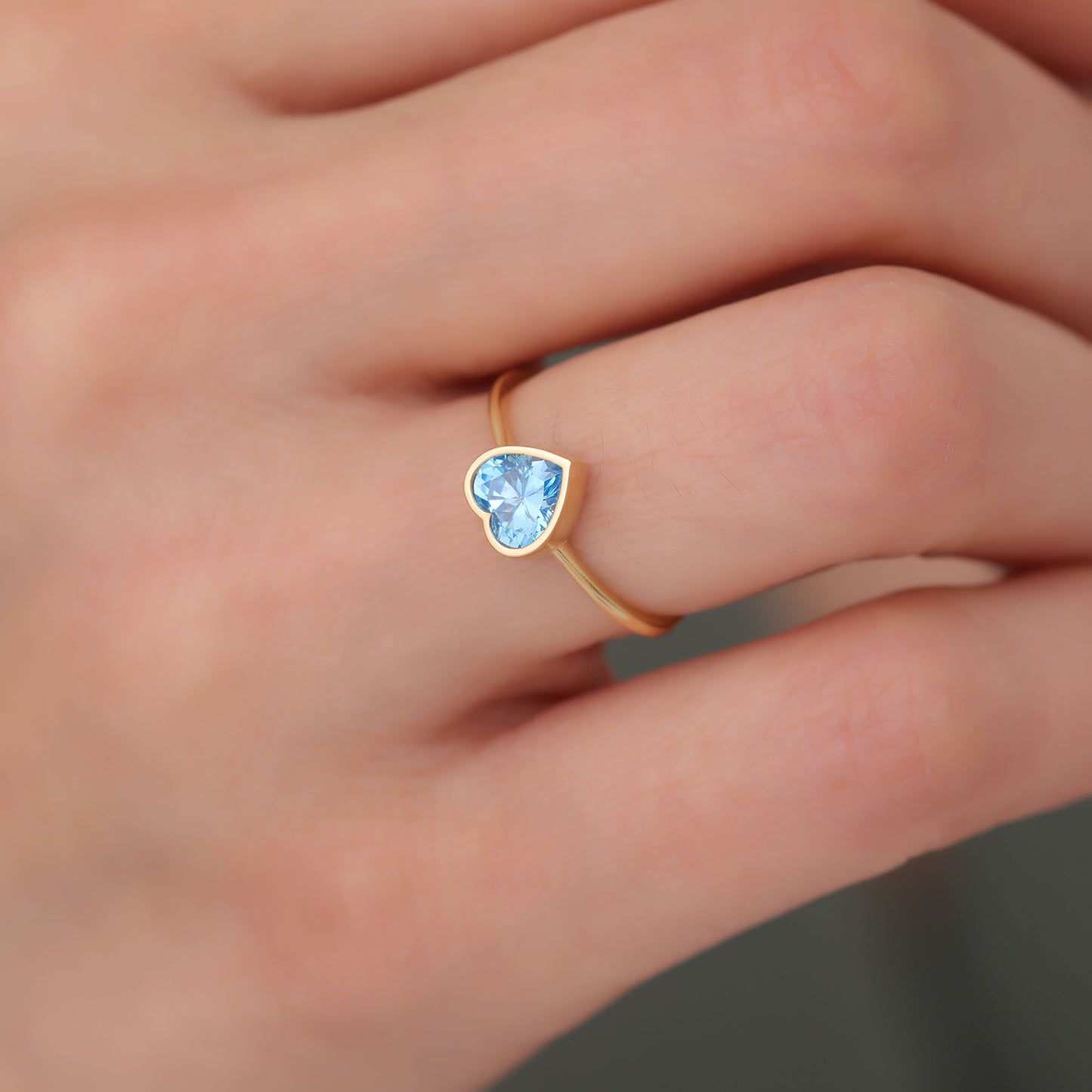 Heart Blue Topaz Bezel Ring in 14K Solid Gold, December Birthstone Jewelry