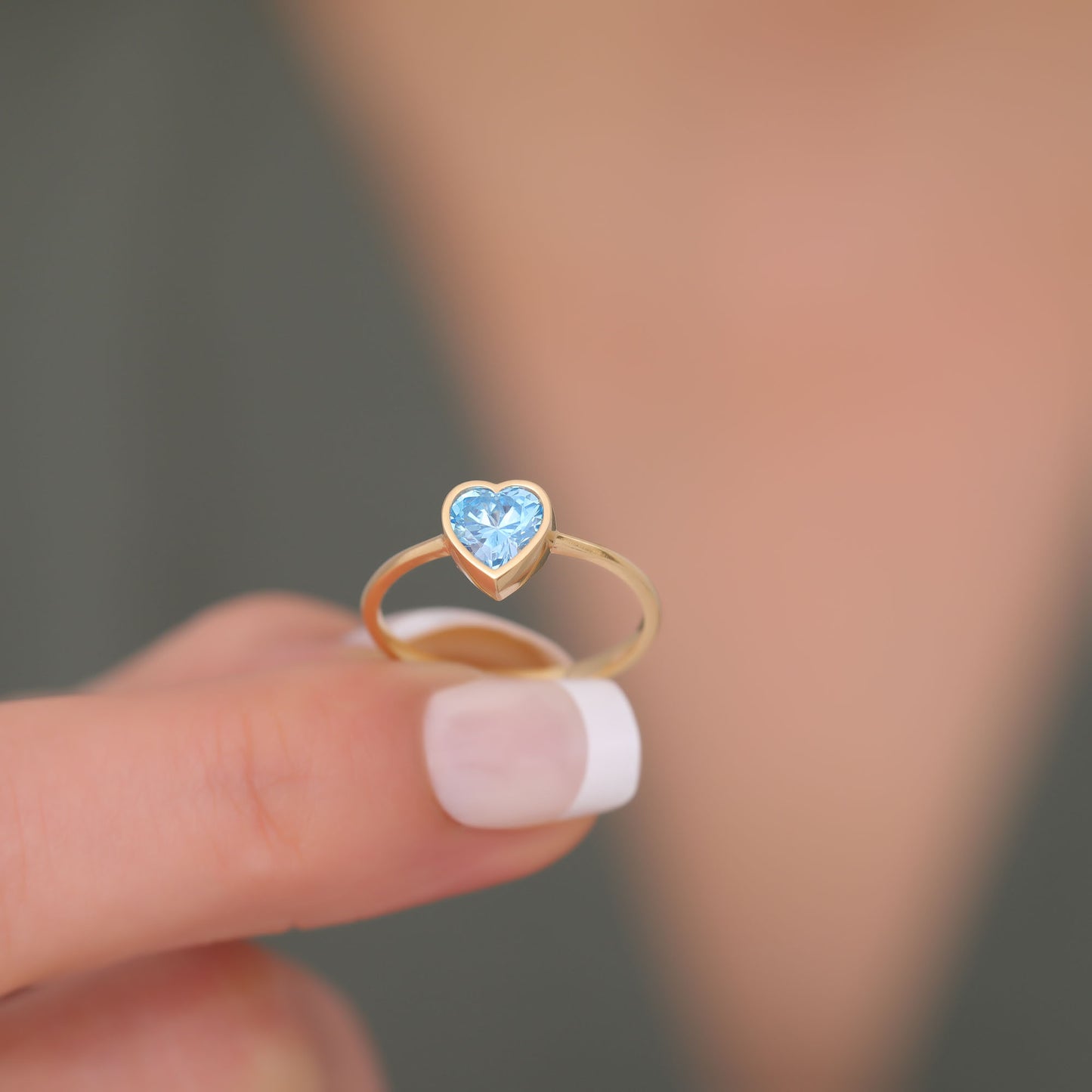 Heart Blue Topaz Bezel Ring in 14K Solid Gold, December Birthstone Jewelry