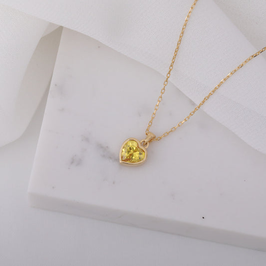 Heart Yellow Topaz Bezel Necklace in 14K Solid Gold, Birthstone Charm Pendant