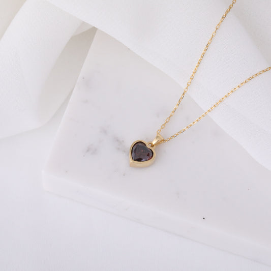 Heart Smoky Quartz Bezel Necklace in 14K Solid Gold, Birthstone Charm Pendant