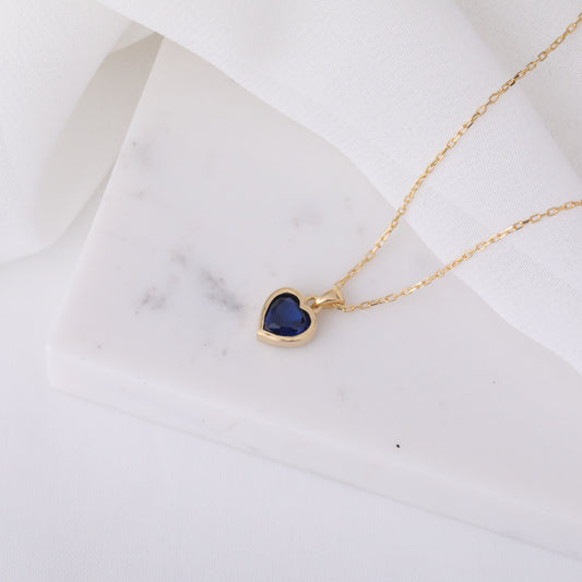 Heart Sapphire Bezel Necklace in 14K Solid Gold, September Birthstone Charm Pendant