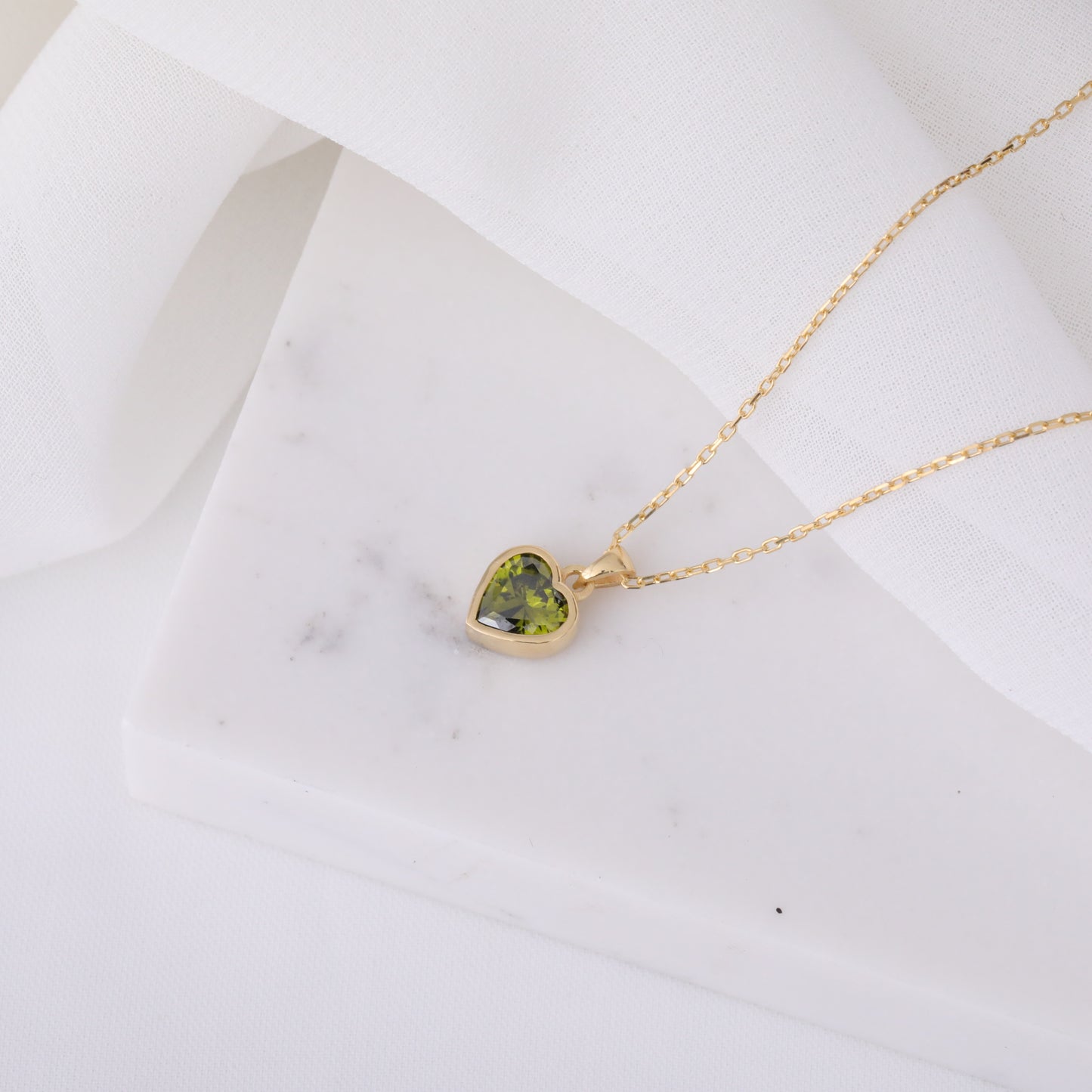 Heart Peridot Bezel Necklace in 14K Solid Gold, August Birthstone Charm Pendant