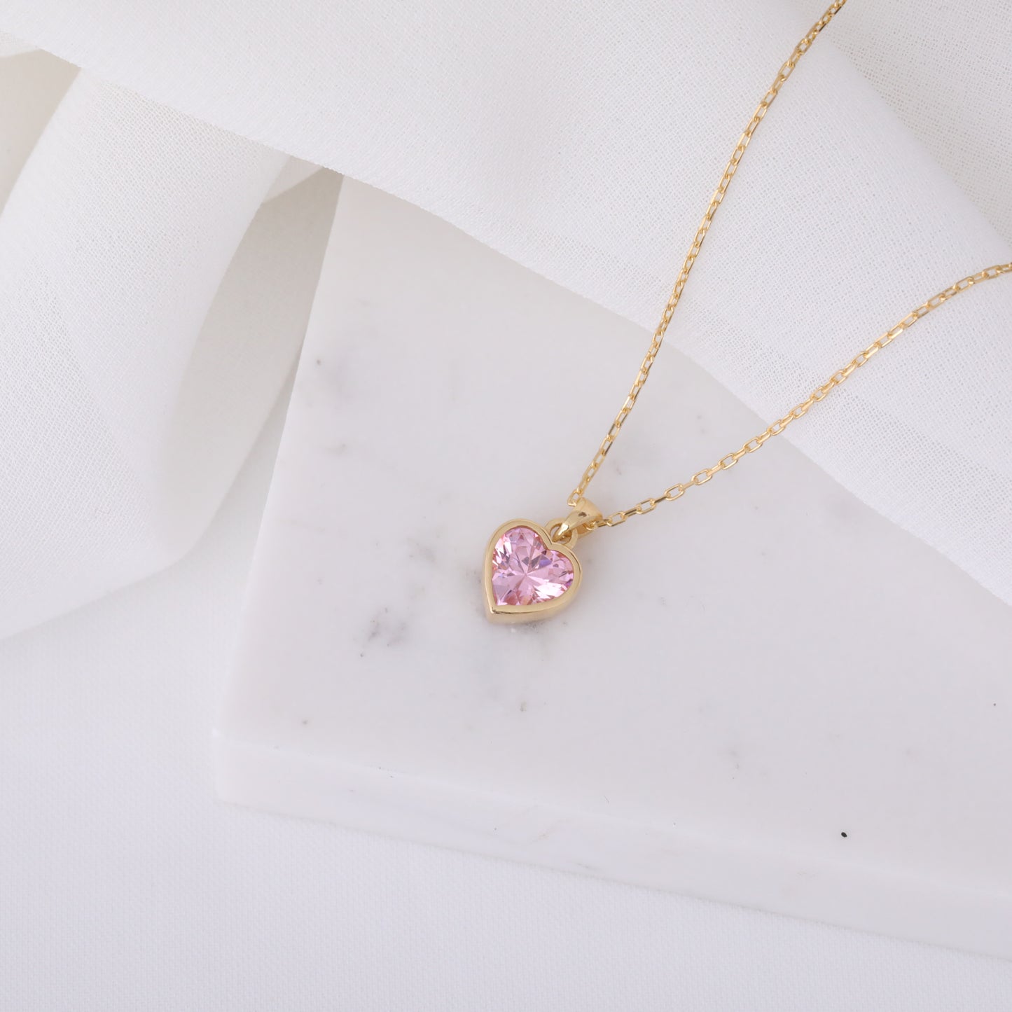 Heart Pink Tourmaline Bezel Necklace in 14K Solid Gold, October Birthstone Charm Pendant