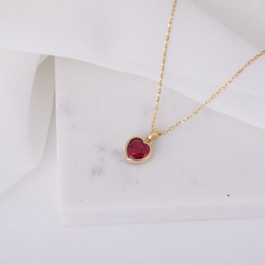 Heart Ruby Bezel Necklace in 14K Solid Gold, July Birthstone Charm Pendant