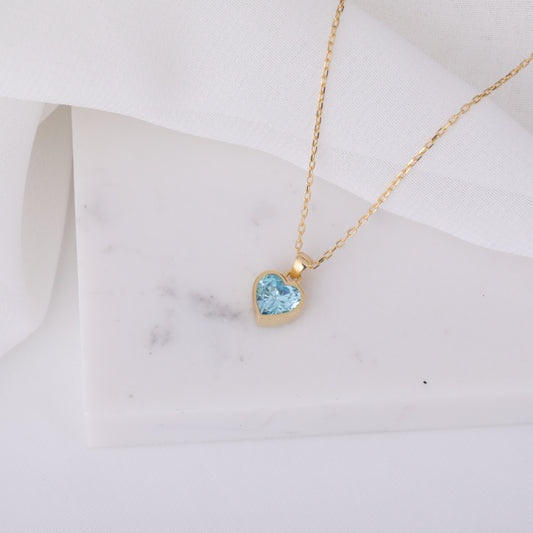 Heart Aquamarine Bezel Necklace in 14K Solid Gold, March Birthstone Charm Pendant