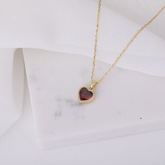 Heart Garnet Bezel Necklace in 14K Solid Gold, January Birthstone Charm Pendant