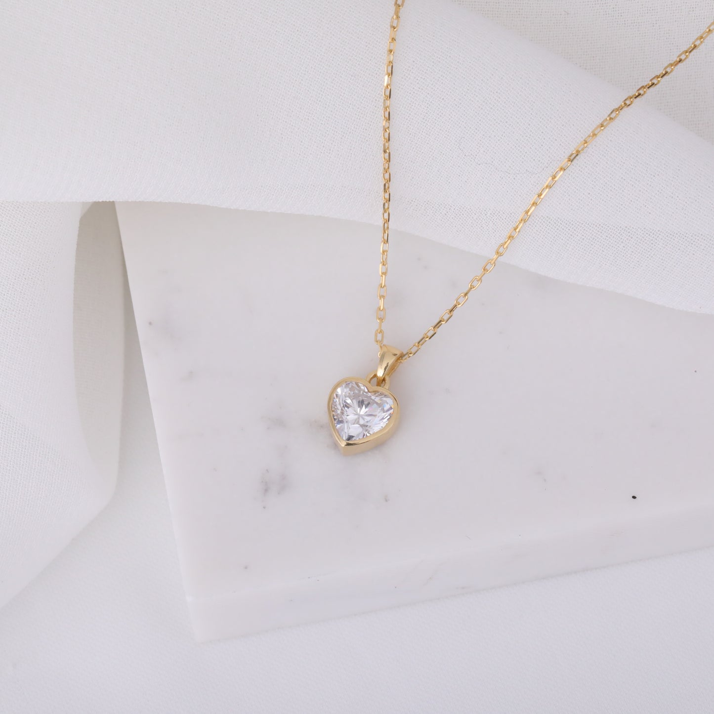 Heart White Topaz Bezel Necklace in 14K Solid Gold, April Birthstone Charm Pendant